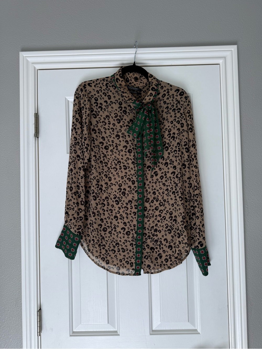 Scotch & Soda Brown Leopard Blouse with Green Tie